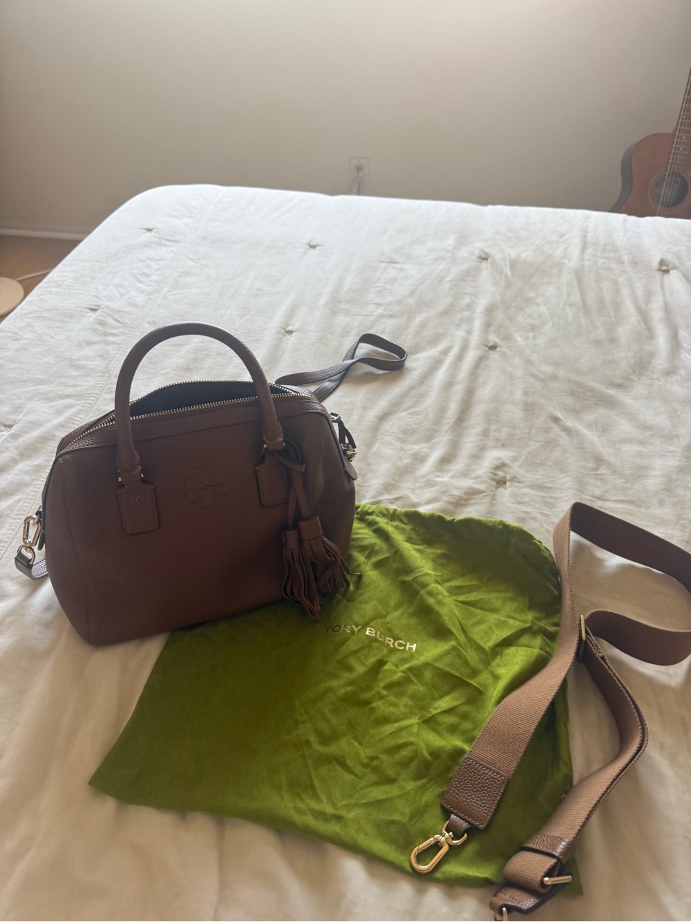 Tory Burch Tan Pebbled Leather Satchel with Tassel